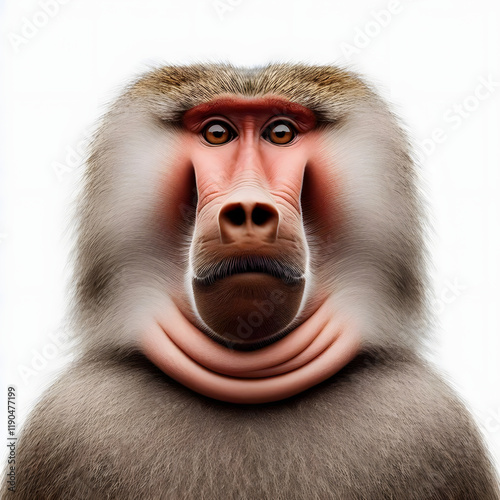 Hamadryas Baboon Portrait: A striking close-up portrait of a Hamadryas baboon, showcasing its distinctive facial features, fur, and intense gaze. photo