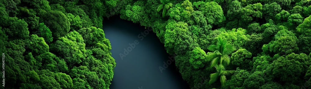 River Flowing Through Lush Forest: An aerial view of a serene river winding its way through a dense, verdant forest, showcasing the beauty and tranquility of nature.