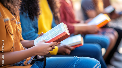 Group of young students reading religious books sitting in a row photo