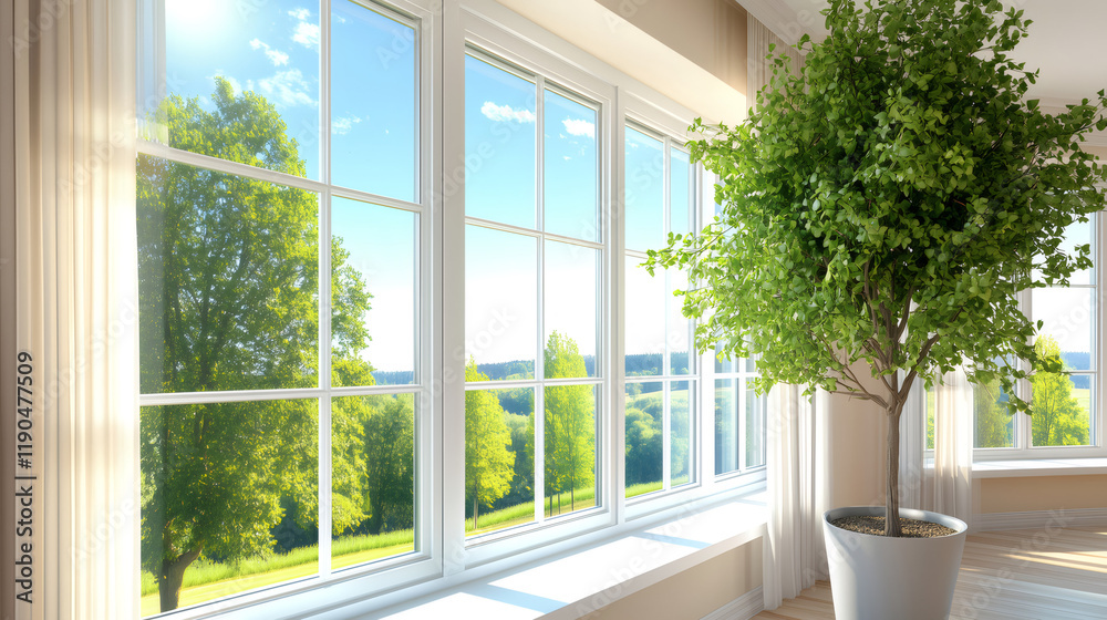 Fototapeta premium Potted tree near large window overlooking green landscape