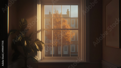 Sunlight illuminating autumn tree through window in London apartment