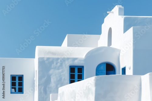 White Greek building with blue accents against clear sky in Santorini, Combine traditional Greek architectural motifs with minimalist design principles photo