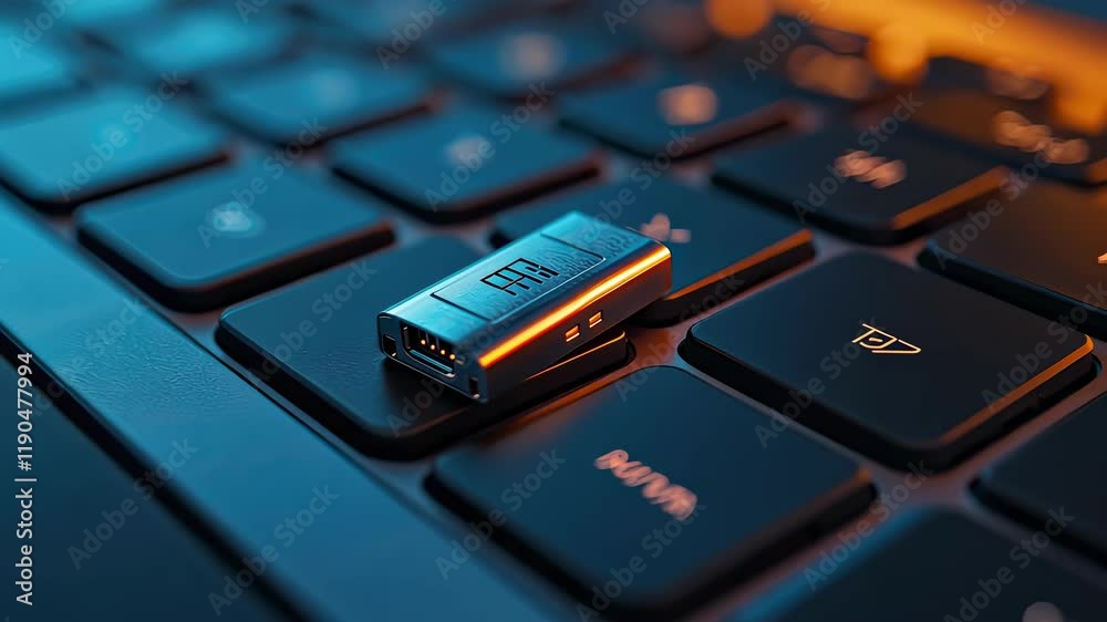 the data flash drive is on the keyboard. Selective focus the data flash drive is on the keyboard. Selective focus