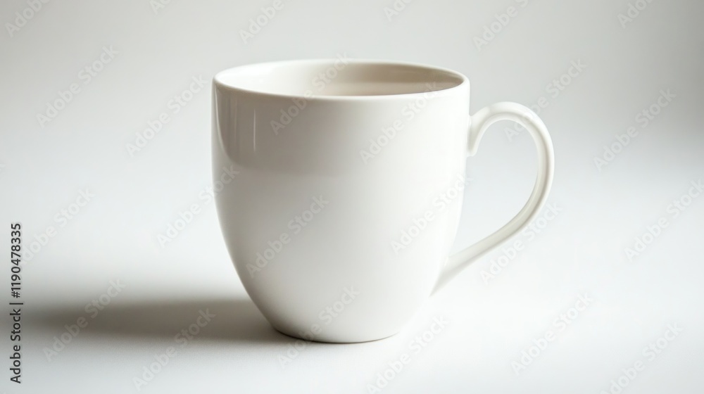 Fototapeta premium Empty white ceramic mug with handle on white background.