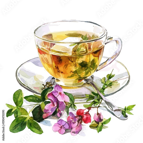 A watercolor clipart of herbal tea, isolated on a white background. Herbal tea vector.
