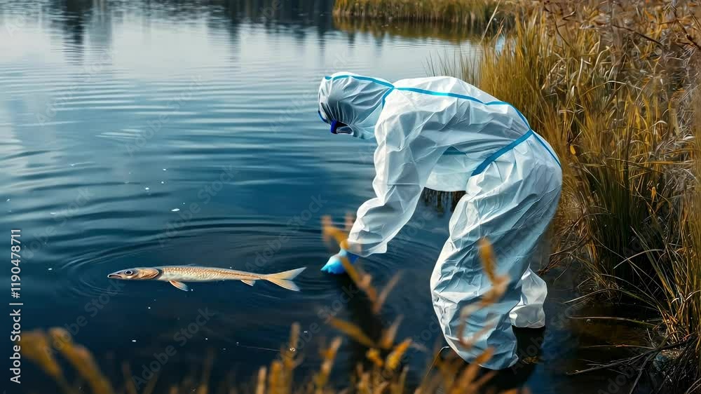 a virologist in protective clothing near a lake with dead fish. Selective focus a virologist in protective clothing near a lake with dead fish. Selective focus