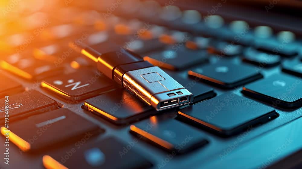 the data flash drive is on the keyboard. Selective focus the data flash drive is on the keyboard. Selective focus