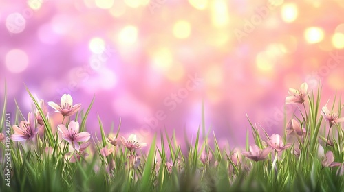 Fresh green grass and flowers on a blurred background, space for text. Spring background. shallow depth of field. banner bokeh