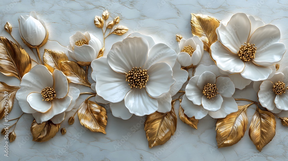 Fototapeta premium Luxurious 3D floral relief artwork showcases white blooming flowers with golden leaves and accents, featuring baroque ornamental design with pearly petals and metallic gold details.