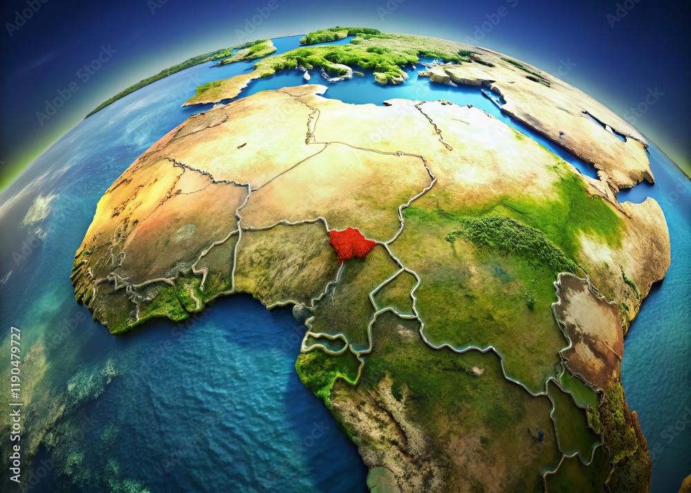 Fototapeta premium Aerial View of Ivory Coast Highlighted on a Grey Political Globe