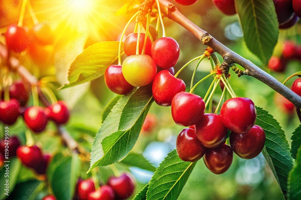 Aerial View of Lush Cherry Tree with Ripe Red Cherries in Summer Aerial View of Lush Cherry Tree with Ripe Red Cherries in Summer