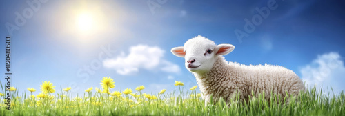 Adorable Lamb in Springtime Meadow - Sweet lamb, vibrant meadow, bright sunshine, fluffy fur, springtime joy.  Peaceful and idyllic scene. photo