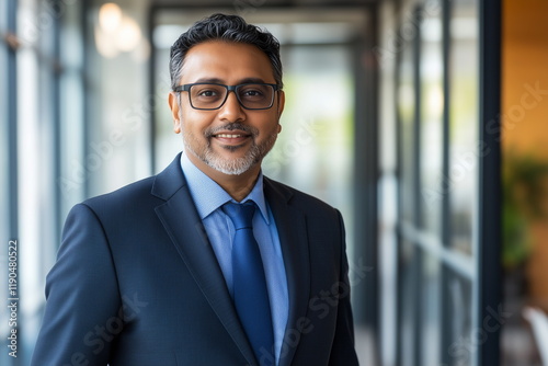 India Portrait of a handsome and beautiful elegant businessman in a suit working in his office