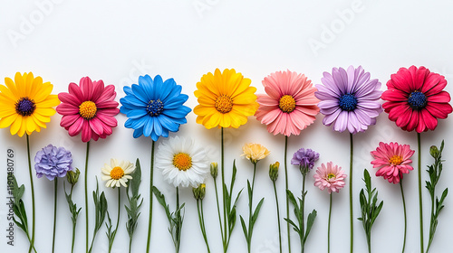 A vibrant arrangement of colorful daisy-like flowers, with various petals hues, arranged against a white background