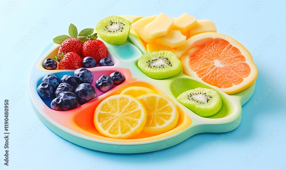 Colorful fruit platter with strawberries, blueberries, kiwi, lemon, grapefruit, and cantaloupe.