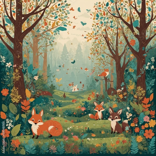 This vector illustration banner features adorable woodland animals in a charming doodle cartoon style. 