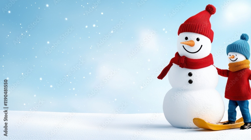 Fototapeta premium A snowman with a red hat and scarf is holding a pair of skis
