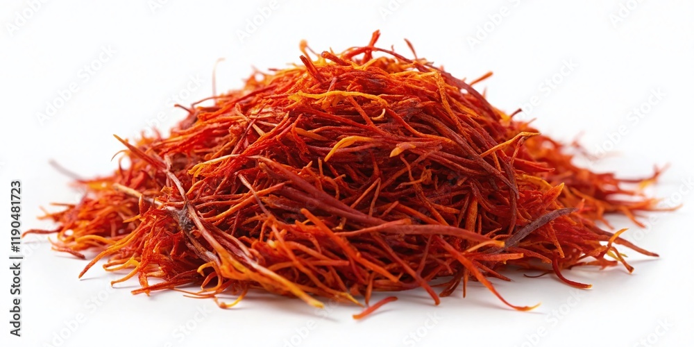 Fototapeta premium Aerial View of Saffron Threads Pile Isolated on White - High-Resolution Drone Photography