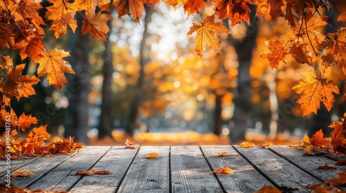 Autumn sunset table with orange leaves on wooden plank nature scene serenity and beauty in outdoor environment