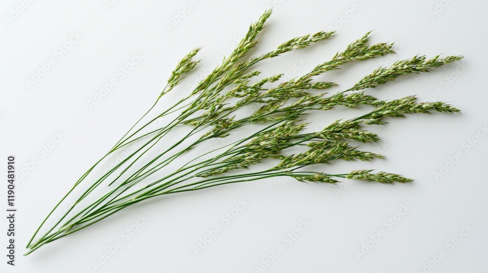 Green grass stems arranged on a white surface showcasing their delicate texture and natural beauty Green grass stems arranged on a white surface showcasing their delicate texture and natural beauty