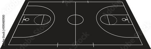 A minimalist vector illustration of a basketball court with a black background and white lines. The tilted perspective creates depth, perfect for graphic designs, sports posters, or modern backdrops.