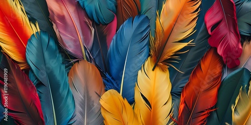 Colorful feathers arranged in a fan shape on a bright blue background
 photo