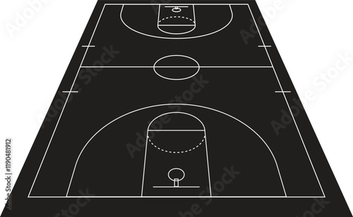 A minimalist vector illustration of a basketball court with a black background and white lines. The tilted perspective creates depth, perfect for graphic designs, sports posters, or modern backdrops.