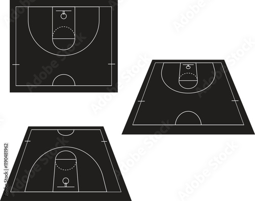 A minimalist vector illustration of a basketball court with a black background and white lines. The tilted perspective creates depth, perfect for graphic designs, sports posters, or modern backdrops.