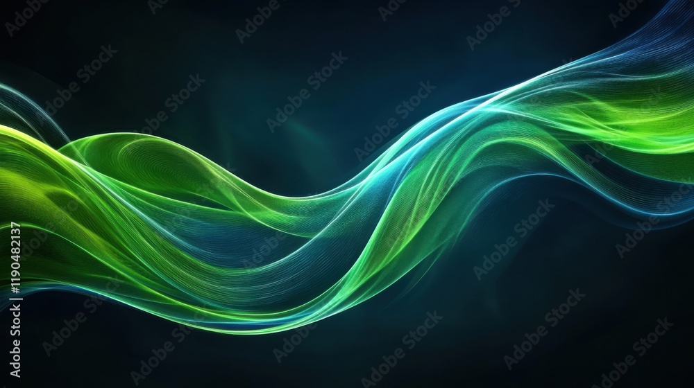 Naklejka premium Vibrant green and blue flowing abstract wave pattern on dark background