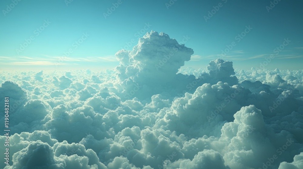 A mesmerizing aerial view showcases a vast expanse of fluffy white clouds beneath a serene, light blue sky offering a tranquil and ethereal vista A mesmerizing aerial view showcases a vast expanse of fluffy white clouds beneath a serene, light blue sky offering a tranquil and ethereal vista