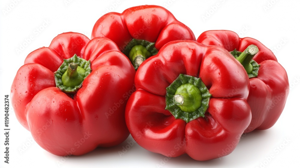 Fresh red bell peppers stacked together on a white surface showcasing their vibrant color and texture Fresh red bell peppers stacked together on a white surface showcasing their vibrant color and texture