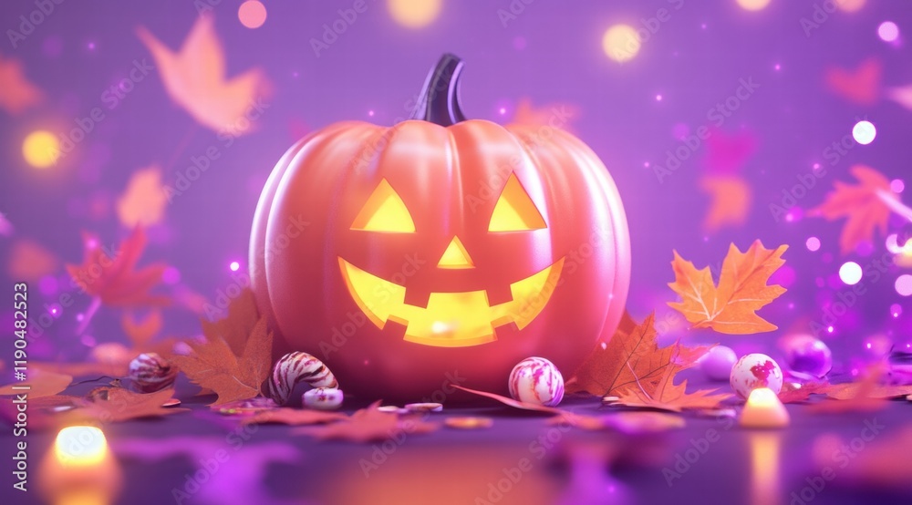 Fototapeta premium 3D rendering of a cute, smiling Halloween pumpkin with candy and leaves on a purple background