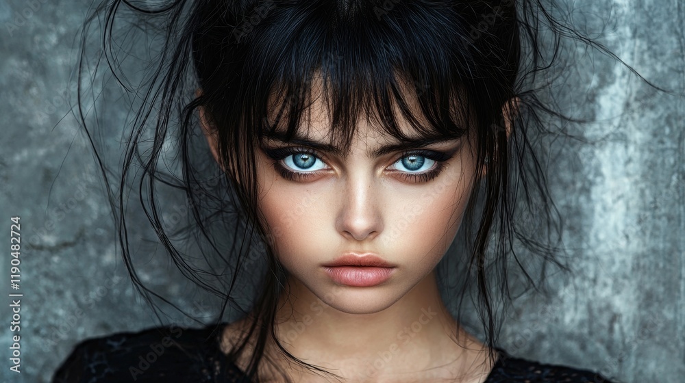 Fototapeta premium Expressive portrait of a young woman with captivating blue eyes and tousled hair in a textured background