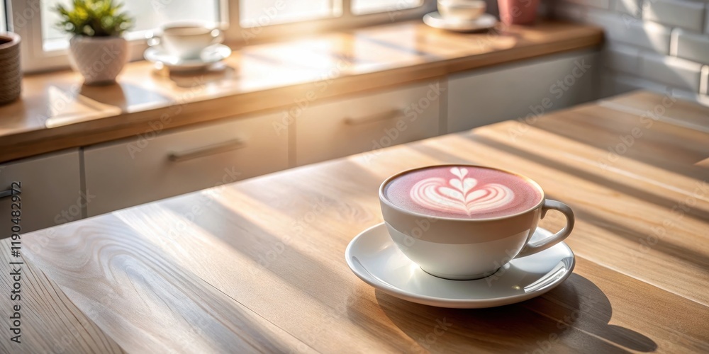 Sunlit Latte Art on Wooden Tabletop in Cozy Room Sunlit Latte Art on Wooden Tabletop in Cozy Room