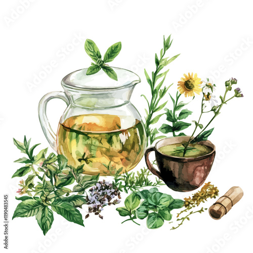 A watercolor painting of herbal infusions, isolated on a white background. Herbal infusions vector.
