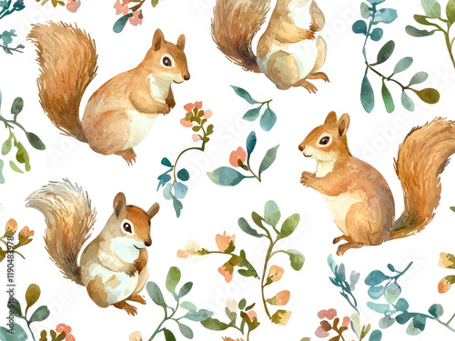 adorable watercolor squirrel in a woodland scene with blooming wildflowers, vintage springtime illustration with floral motifs photo