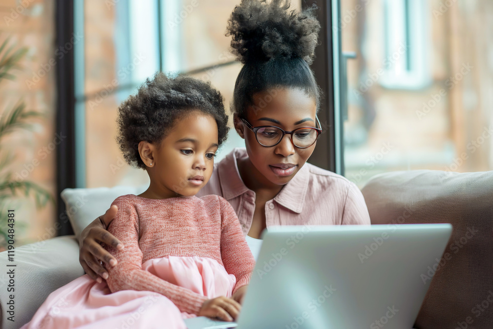 Fototapeta premium Mother and daughter sitting on a couch, focusing on a laptop screen together, creating a warm and educational moment
