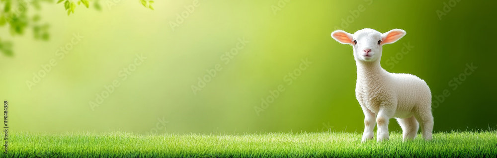 Adorable Lamb in Spring Meadow - A cute lamb stands in a lush green field, symbolizing purity, spring, new beginnings, innocence, and hope.