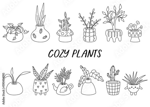 Set of line different tropical house plant. Cozy outline plants in various pot, vase. Scandinavian home decor. Flat vector cartoon illustration isolated on white
