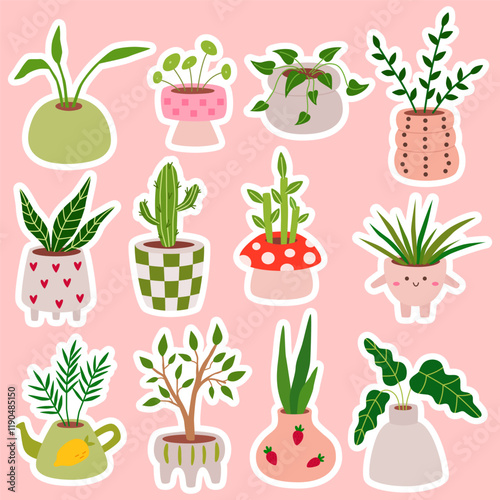 Set stickers of different tropical house plant. Cozy plants in various pot, vase. Scandinavian home decor. Flat vector cartoon illustration isolated on white