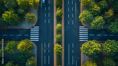 Overhead view of a tree-lined intersecting road with clear markings and pedestrian crossings