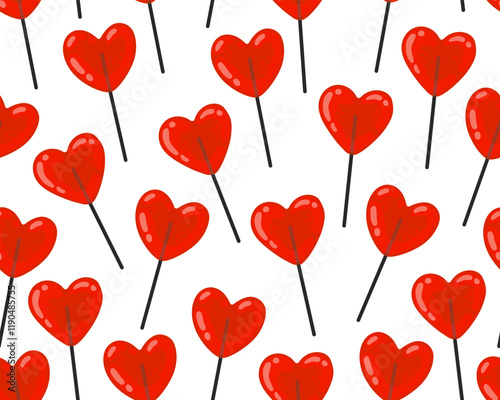 Seamless pattern for Valentine's day. Red heart shaped lollipops on a white background. Symbols of love. Wrapping paper, textile.