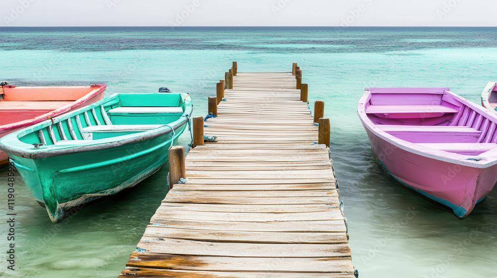 A vibrant composition of a small wooden pier extending into a clear turquoise ocean, flanked by colorful boats with hues of pink, teal A vibrant composition of a small wooden pier extending into a clear turquoise ocean, flanked by colorful boats with hues of pink, teal