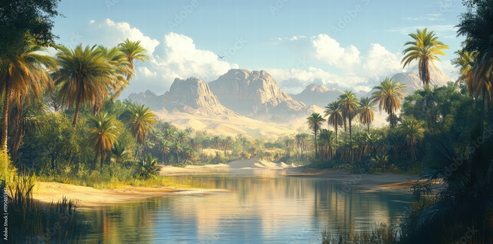 Obraz premium Oasis river, palm trees, desert mountains, travel poster