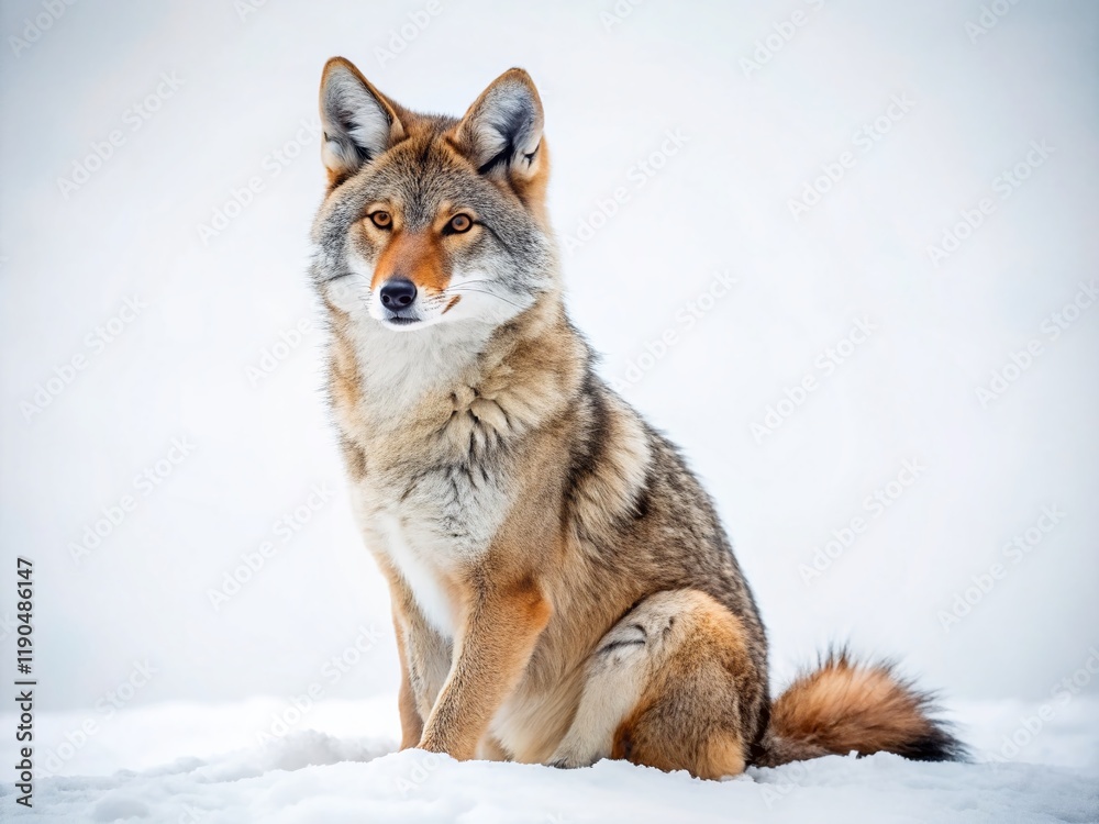Alert Coyote Sitting, White Background, High-Resolution Wildlife Stock Photo