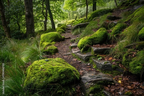 A winding path through a lush forest, with moss-covered stone steps and boulders, Moss-covered boulders lining a peaceful woodland path photo