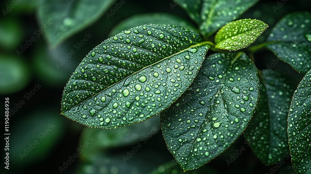 Fototapeta premium Dew-Kissed Leaves: A Symphony of Green