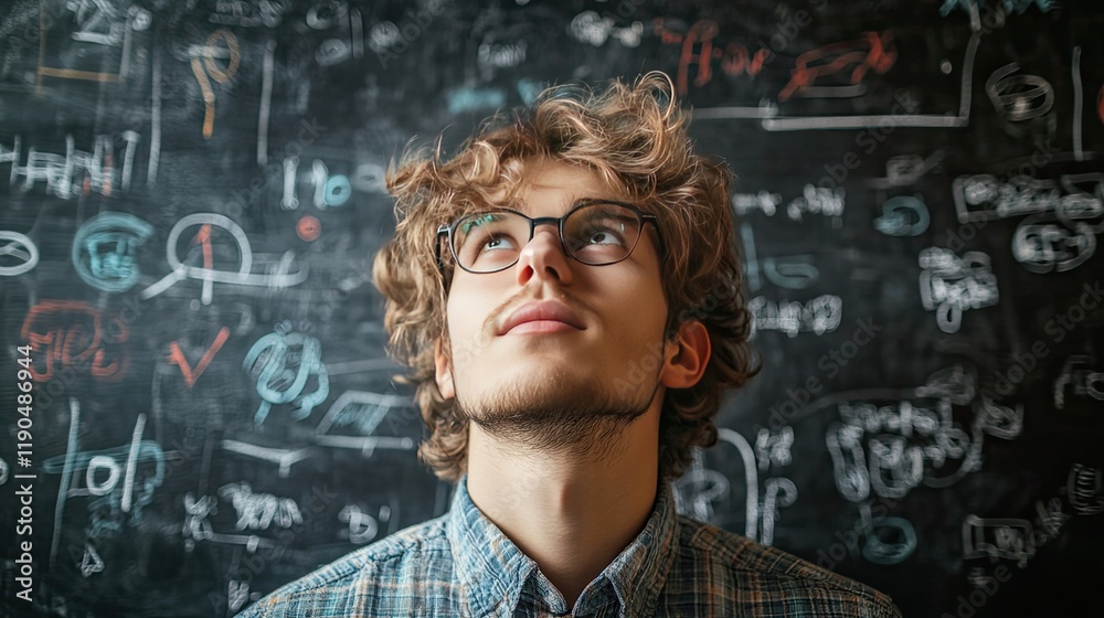 Smart student with doodles on a chalkboard, symbolizing educational success and aspirations. Smart student with doodles on a chalkboard, symbolizing educational success and aspirations.