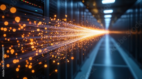 High-speed data stream flowing from server rack in data center.