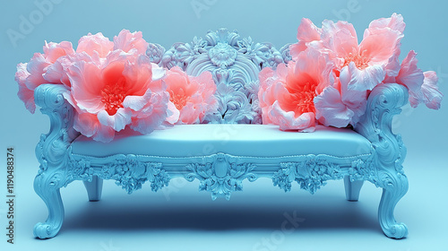 A blue ornate sofa adorned with large pink flowers